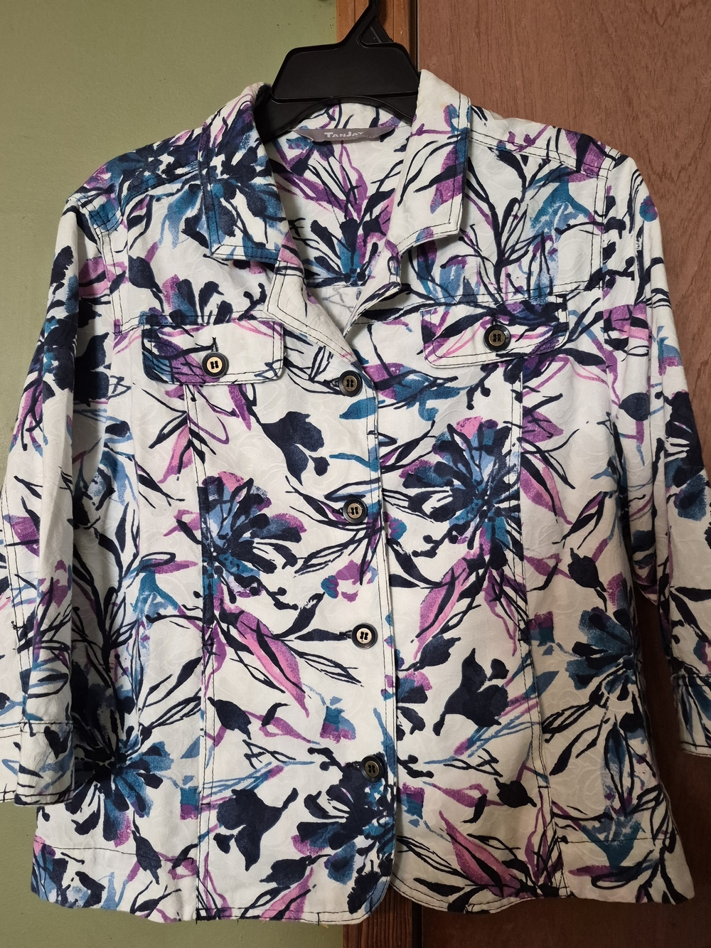 TanJay Floral Button-Front Jacket in Cream & Blue Size Med